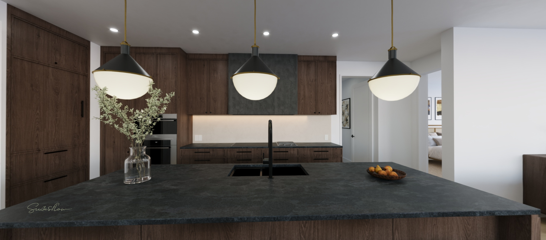 TrueSpaces digital twin — Plan E kitchen, Walnut scheme, modelled at 95% accuracy.