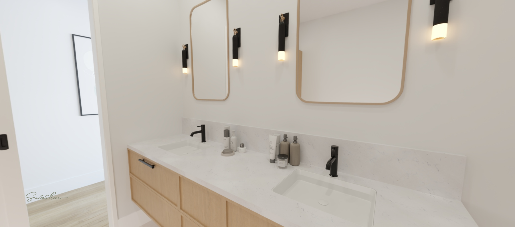 TrueSpaces digital twin — Plan G primary bathroom, Oak scheme, modelled at 95% accuracy.