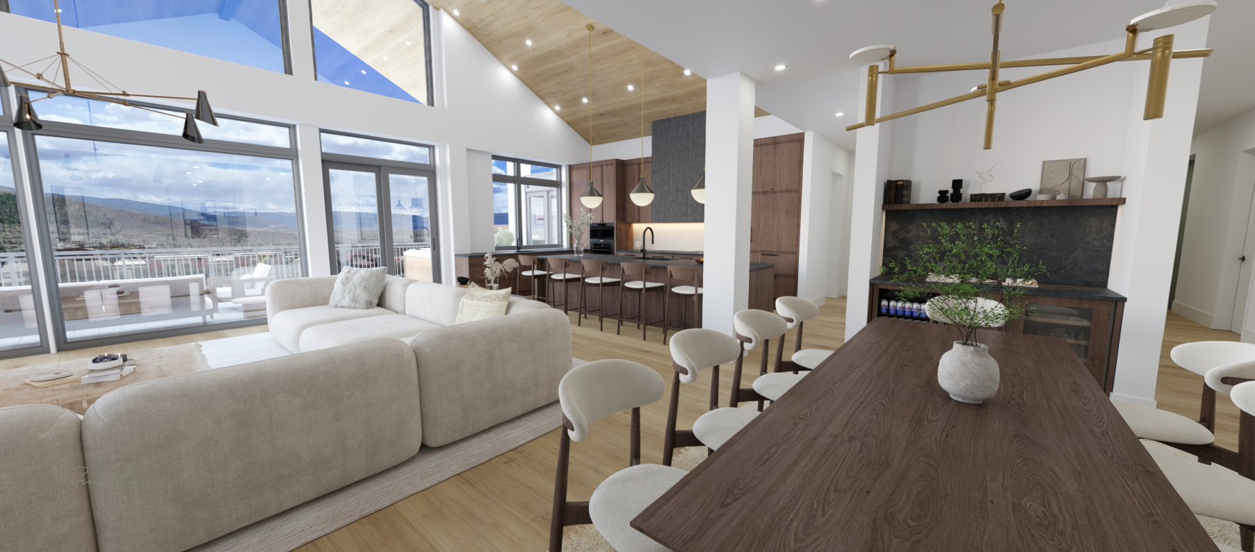 TrueSpaces digital twin — Plan G dining room, Walnut scheme, modelled at 95% accuracy.