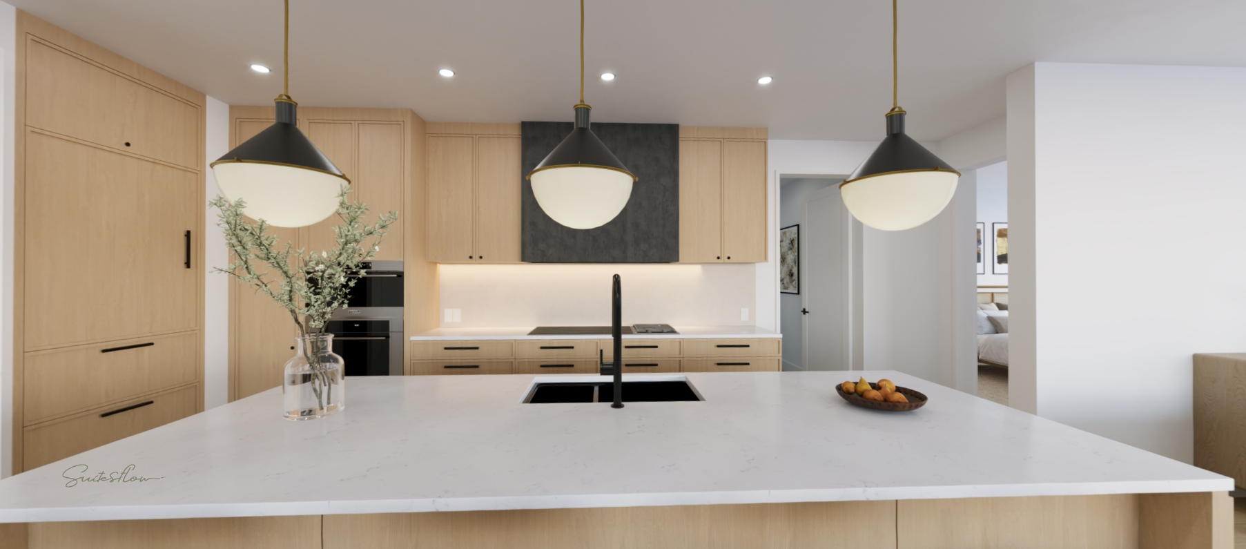 TrueSpaces digital twin — Plan E kitchen, Oak scheme, modelled at 95% accuracy.