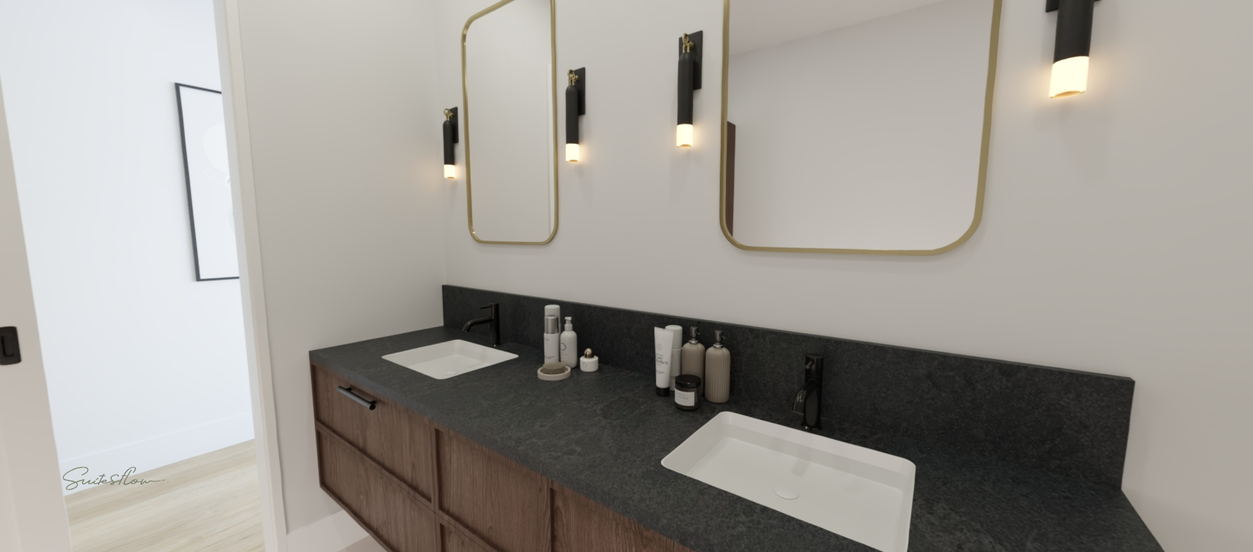 TrueSpaces digital twin — Plan G primary bathroom, Walnut scheme, modelled at 95% accuracy.