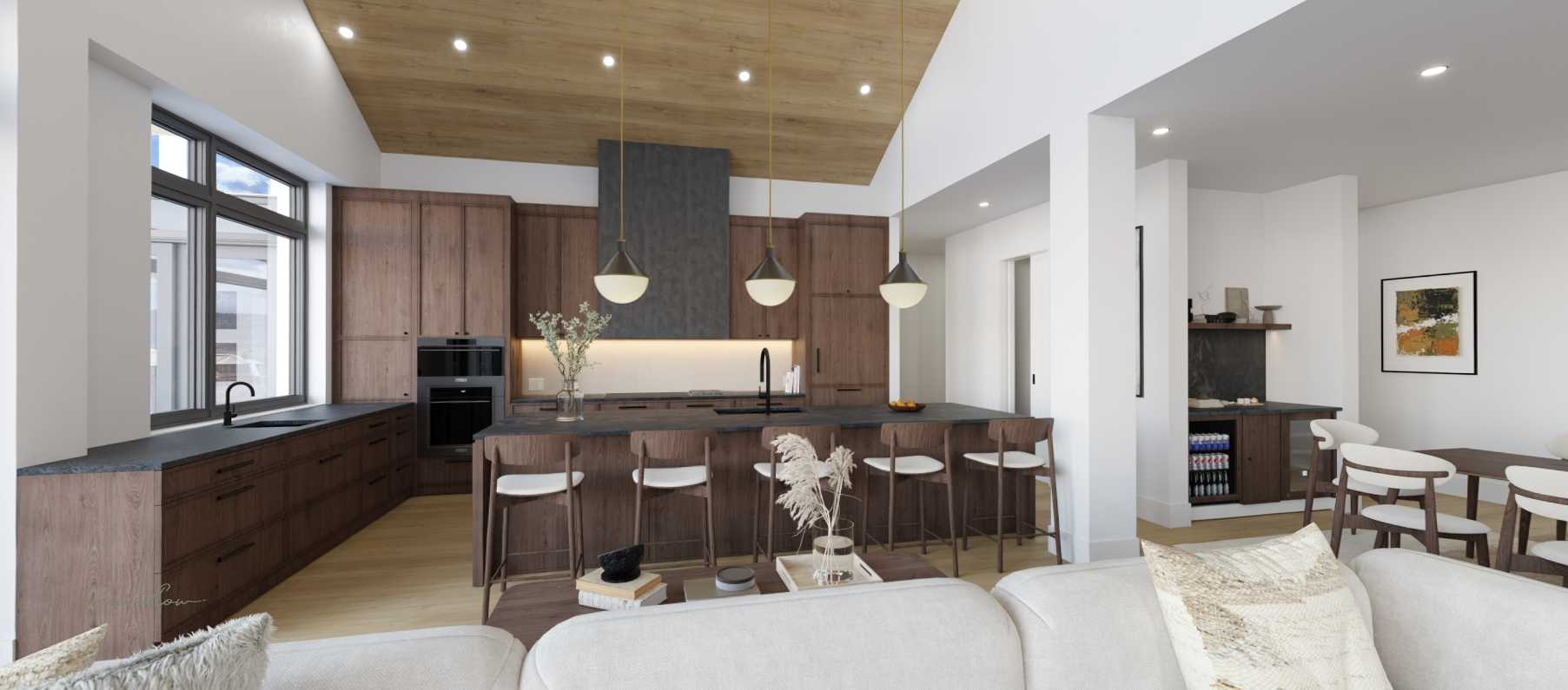 TrueSpaces digital twin — Plan G kitchen, Walnut scheme, modelled at 95% accuracy.