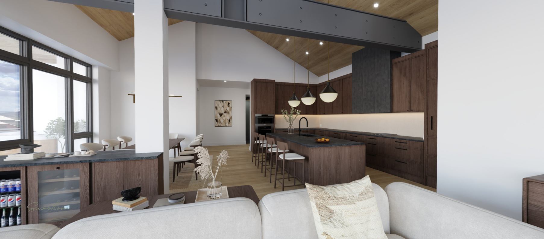 TrueSpaces digital twin — Plan H kitchen, Walnut scheme, modelled at 95% accuracy.