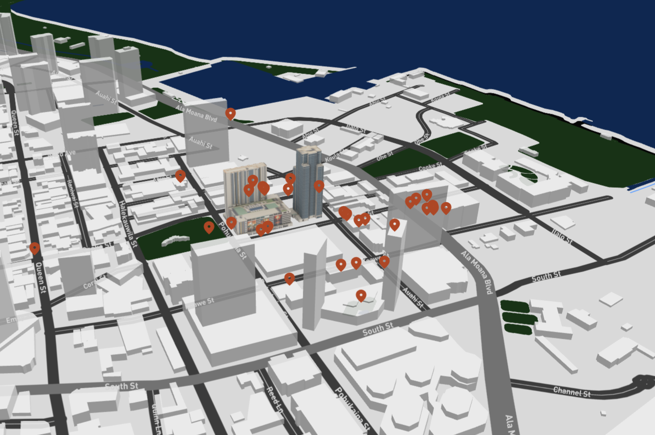 Navigator context layer — the development within its Kakaako neighbourhood, all points of interest mapped.
