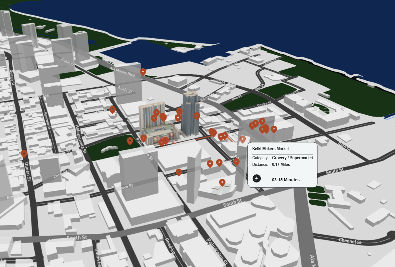 Navigator context layer — Keiki Makers Market selected, showing walking distance from the building.
